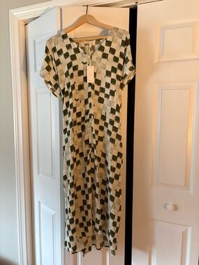 Olive Brushstroke Check V-Neck Midi Dress